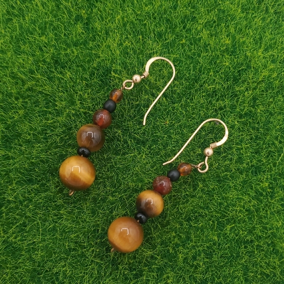 Tigers Eye Precious Stone Tiered Drop Earrings E1022 - Picture 1 of 3